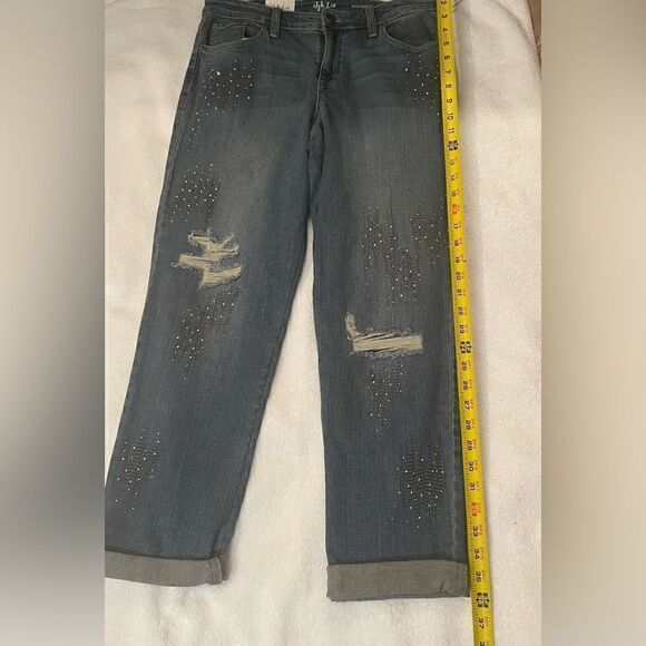 NWT Style& co Blue Beaded Embroidered Denim Distressed Boyfriend Jeans Size 8 - Picture 8 of 15